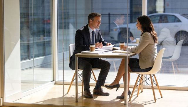 Two professionals discussing contract in glass-walled meeting room with coffee and notepad