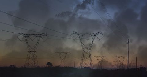 Transmission Towers and Lightning at Dramatic Sunset - Download Free Stock Images Pikwizard.com