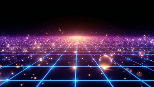 Futuristic Neon Grid with Floating golden Sparks and Globes