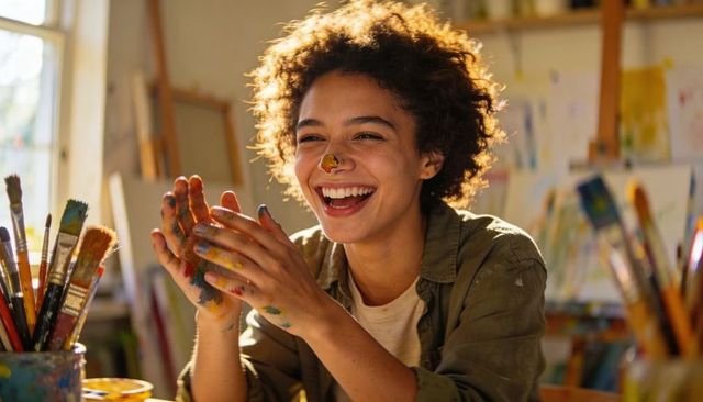 Laughing young artist rubbing paint-splattered hands with yellow nose dab in sunlit studio