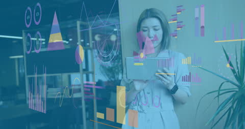 Businesswoman Analyzing Data on Tablet with Virtual Interface