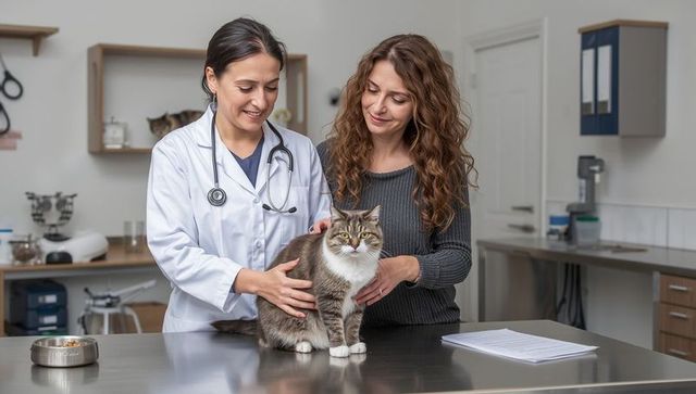 Veterinarian examining cat while owner stands nearby