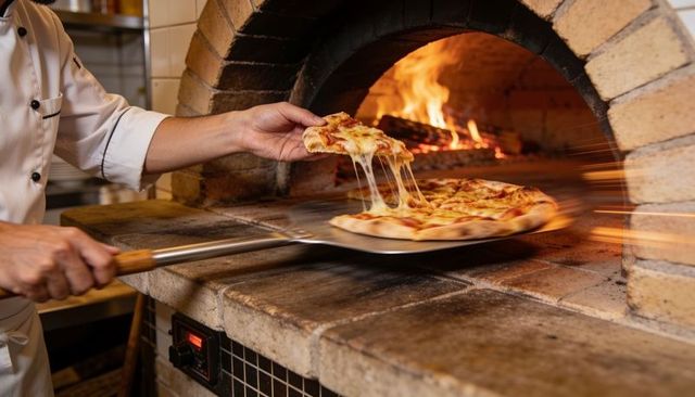 Chef pulling cheese pizza from wood-fired brick oven with stretchy melting cheese