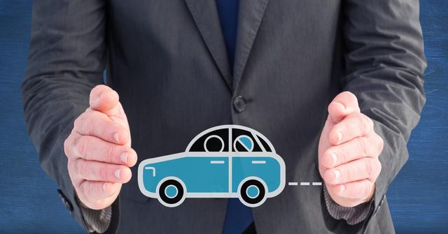 Businessman holding hands around a car icon, symbolizing protection and security. Ideal for use in insurance advertisements, safety campaigns, business presentations, and articles about vehicle protection and security.