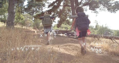 Two Women Hiking Up Sunlit Pine Trail Carrying Backpacks with Floating Math Equations