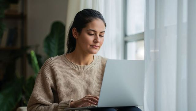 Young woman working on laptop beside window in cozy natural-light home workspace