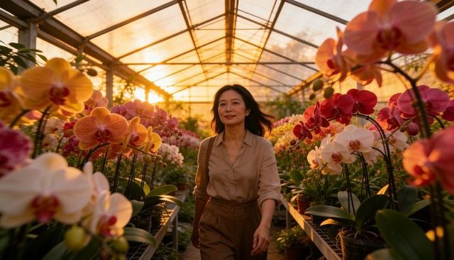 Asian woman walking through orchid greenhouse at golden hour, florist lifestyle wellness