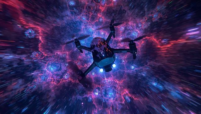 Neon nebula drone flying through cosmic tunnel with glowing leds and motion blur