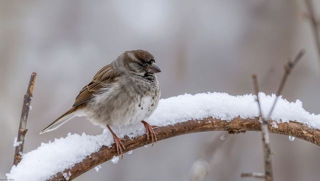 Sparrow perching on snow-covered branch with icicles and soft winter bokeh background