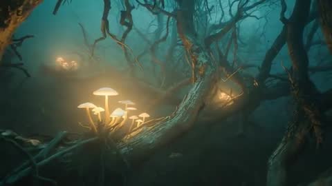 Glowing Mushrooms in Enchanted Foggy Forest at Night