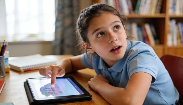 Schoolgirl using tablet at desk looking up with curiosity home learning and study