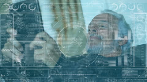 Futuristic Data Interface with Person Using Tablet