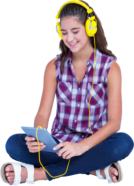 Smiling Young Woman Listening to Music with Yellow Headphones and Tablet on Transparent Background - Download Free Stock Videos Pikwizard.com