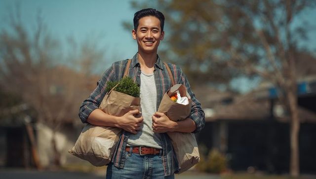 Young man carrying grocery bags with fresh produce smiling on sunny suburban street