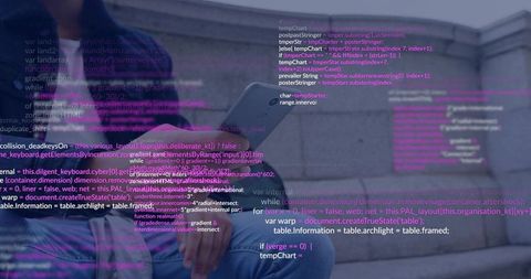 Developer sitting on sofa with smartphone and floating code overlay in moody purple lounge