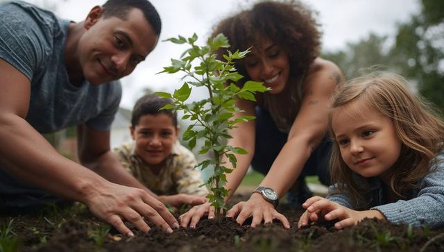 Family planting young tree together in backyard promoting green living and strong family bonding