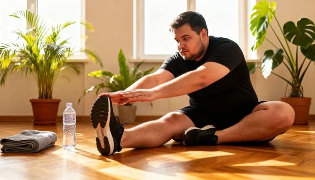 Plus-size man stretching at home workout, reaching foot on hardwood with towel and water
