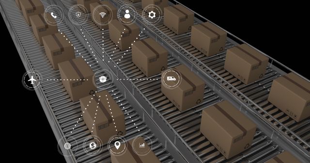 Automated Logistics Conveyor with Digital Network Icons - Download Free Stock Images Pikwizard.com