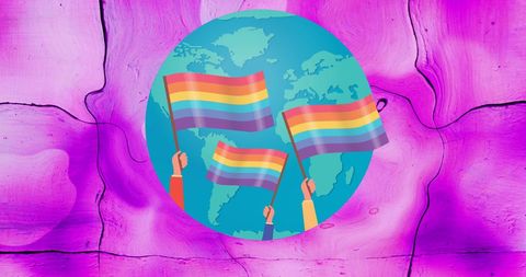 Rainbow Flags and Globe Over Vibrant Pink Background