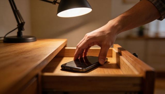 Hand reaching and picking up smartphone from wooden desk drawer under warm lamp light