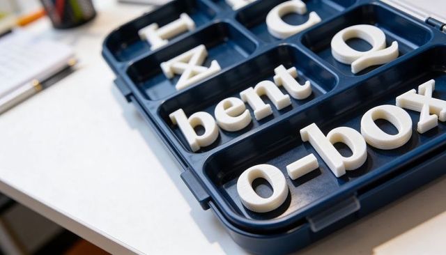 Dark blue organizer holding white 3d letters spelling bent and o-box on white desk