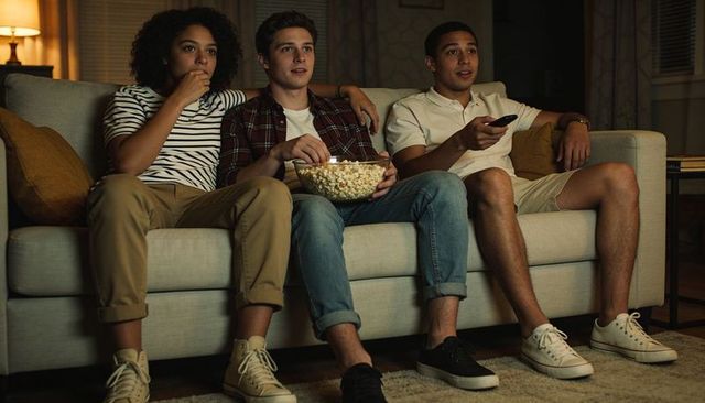 Friends watching movie on couch at night sharing popcorn and tv remote