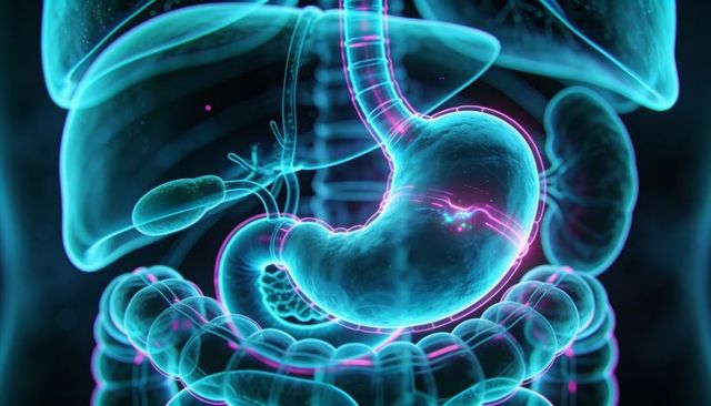 Translucent 3D medical illustration highlighting stomach and digestive tract with markers