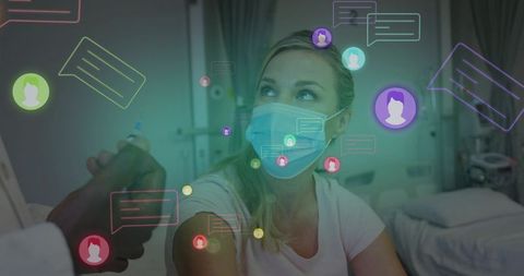 Woman receiving vaccine in clinic with digital messaging and telehealth icons