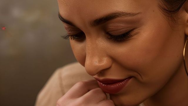 Warm intimate closeup of woman smiling softly with gold hoop earring and glowing skin
