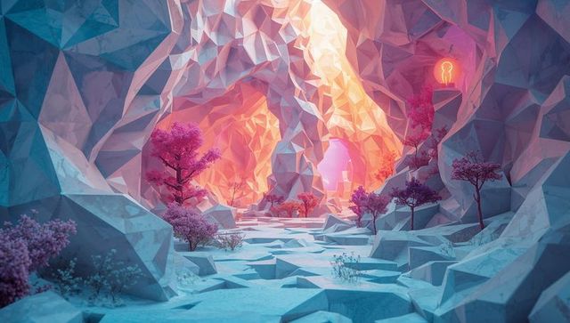 Neon Low-Poly Cavern with Glowing Portal, Magenta Trees and Geometric Passage