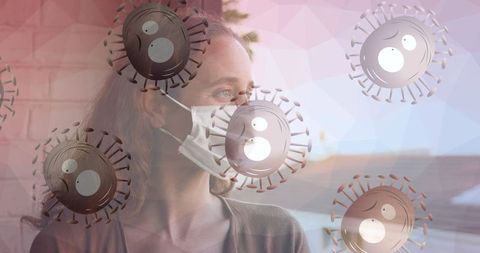 Woman in Mask Expressing Concern Amidst Floating COVID-19 Illustrations