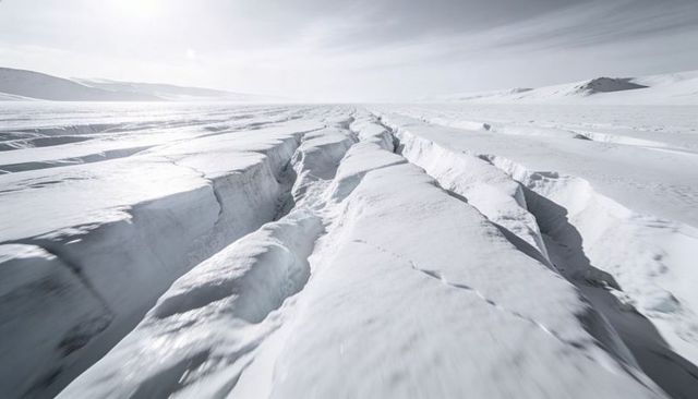 Vast glacier crevasse cutting through arctic icefield, minimal monochrome frozen expanse
