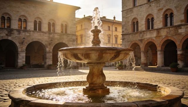 Sunlit stone fountain cascading water in historic cobblestone piazza at golden hour