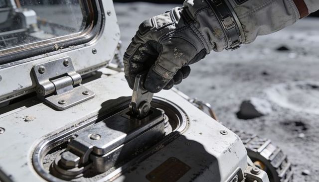 Astronaut operating rover hatch lever on moon surface, gloved hand turning metal latch