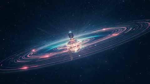Futuristic Spacecraft with Neon Rings Revolving in Deep Space