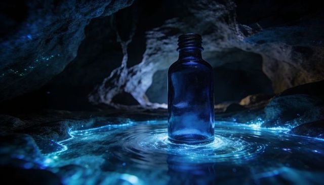 Cobalt Bottle Standing in Bioluminescent Cave Pool Sending Blue Ripples and Soft Glow