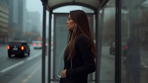 Woman With Headphones Awaiting Bus in Urban Cityscape