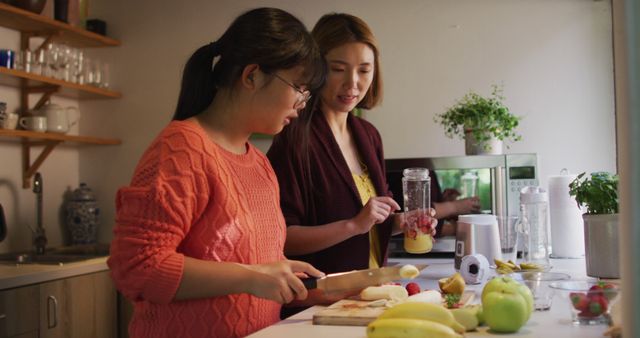 Mother and daughter preparing fruit smoothies in kitchen - Download Free Stock Images Pikwizard.com