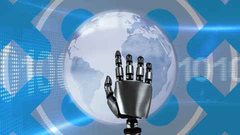 Futuristic Robot Hand Touching Digital World with Data Analytics