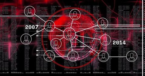 Central network hub connecting user avatars to global data visualization 2007–2014