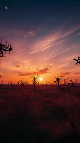Vertical dusk video: sun descending over barren plain, red sky intensifying, silhouetted trees