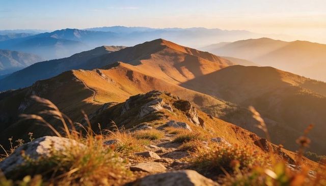 Sunlit mountain ridge trail at golden hour overlooking mist-filled valleys