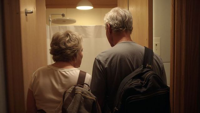 Senior couple preparing for trip standing at bathroom doorway with backpacks under warm lamp