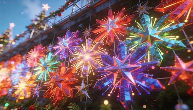 Vibrant starburst christmas ornaments hanging from market garland with sparkling lights