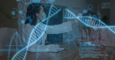 Female doctor analyzing dna hologram with scanner in modern office
