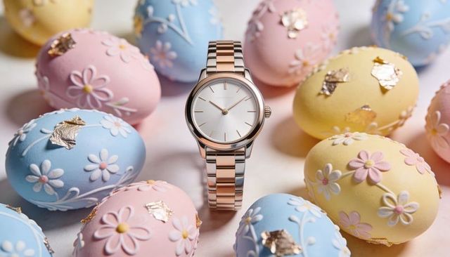 Two-tone stainless steel watch featuring pastel floral easter eggs with gold leaf accents