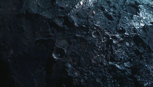 Cratered rocky surface on lunar terrain with glossy patches