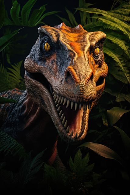 Realistic depiction of a roaring dinosaur with sharp teeth in a lush jungle. Perfect for use in educational content about dinosaurs, creation of science fiction artwork, or for enhancing themes in video games. Can also be used for posters, children's books, and natural history materials.