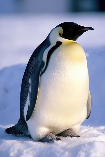 Close up of emperor penguin standing on snow, created using generative ai technology. Nature, animal and wildlife concept digitally generated image.