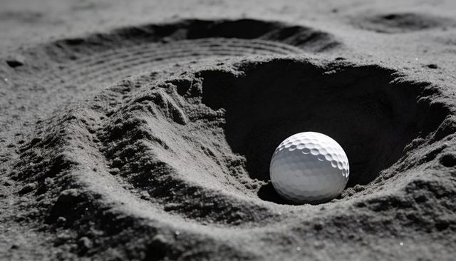 Golf ball resting in bunker crater with dramatic shadow and textured sand